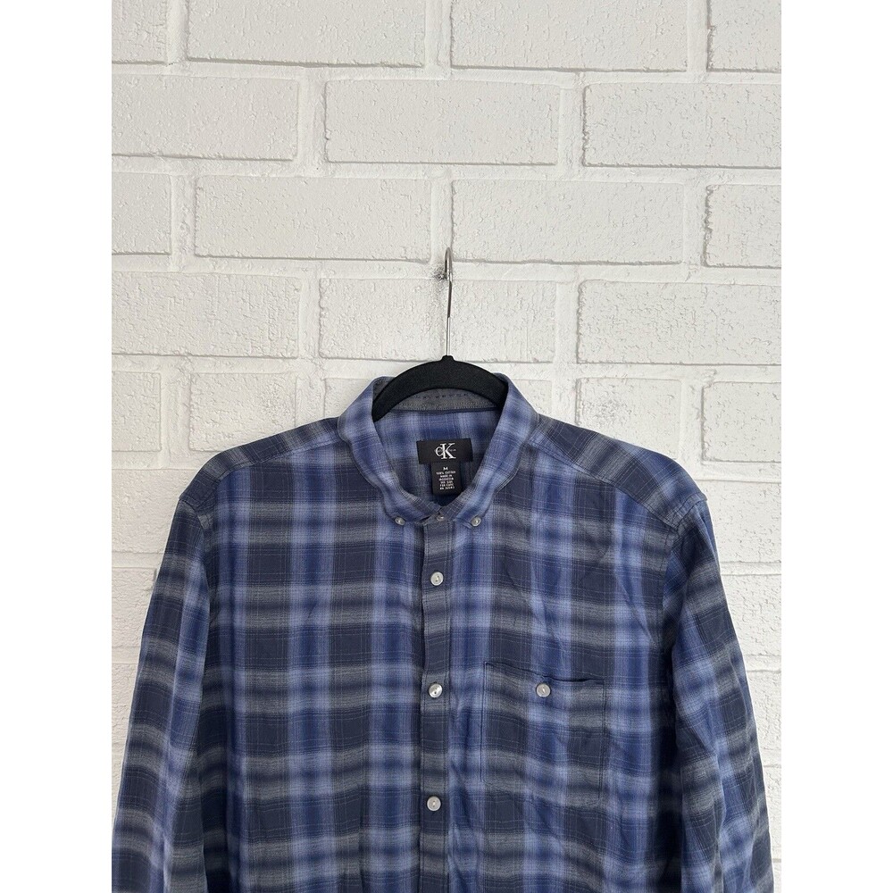 Calvin Klein Button Up Shirt Mens Medium Long Sleeve Blue Plaid White Side Tag